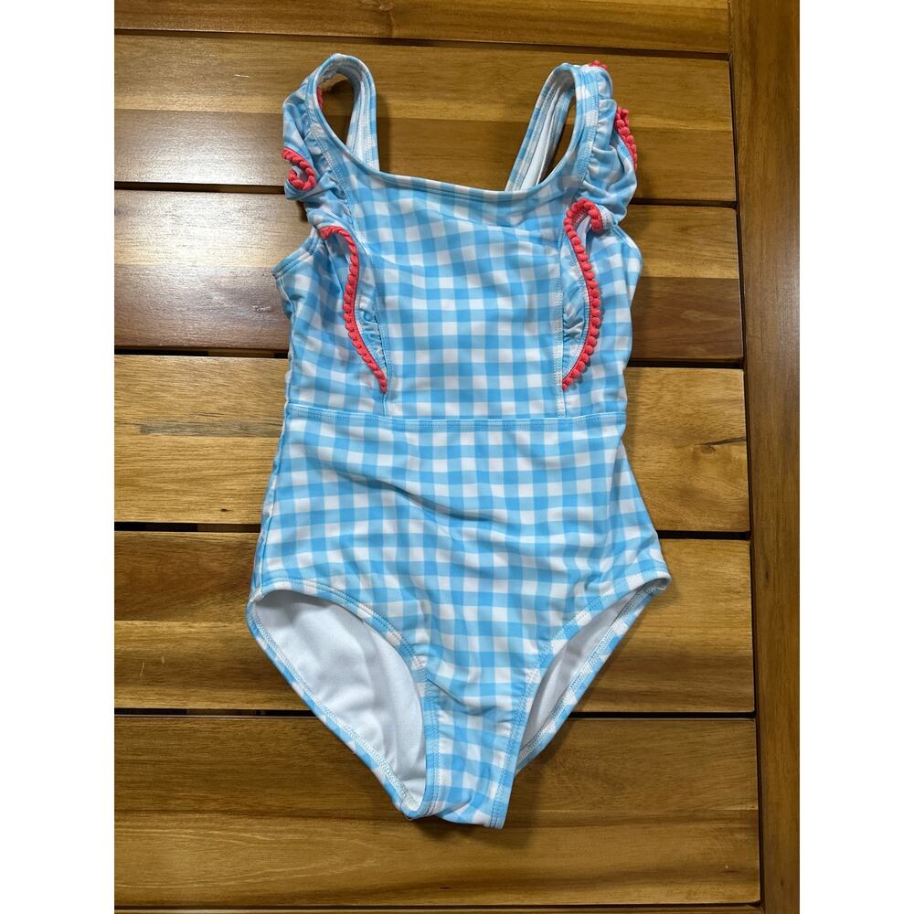 Cat & Jack Girls Blue Gingham One Piece Swimsuit Size S 6/7 Pink Ruffle Trim